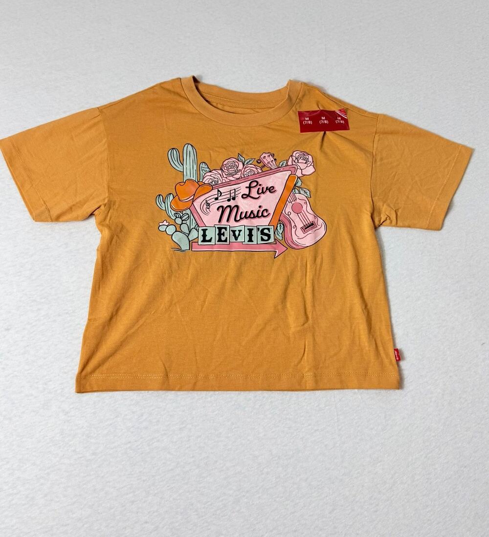 Levi's Cowboy Music Western Short Sleeve Boxy T-Shirt Girl's Sz M 7/8 Mustard